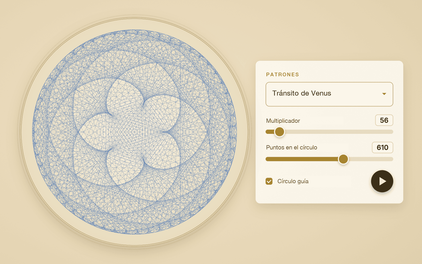 Mandala azul del Tránsito de Venus junto al panel de controles del simulador de aritmética modular circular