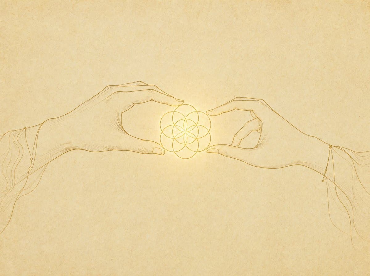 Duas mãos em traço dourado segurando juntas uma Semente da Vida luminosa