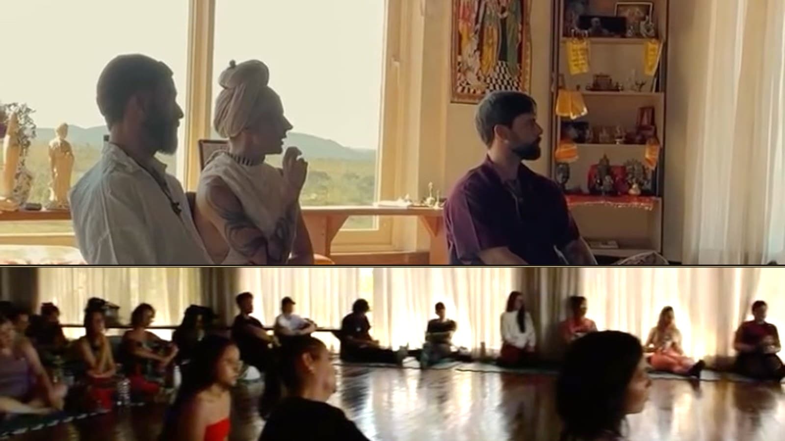 Vivência de meditação no Energy Healing Ashram, com vista para as montanhas ao fundo