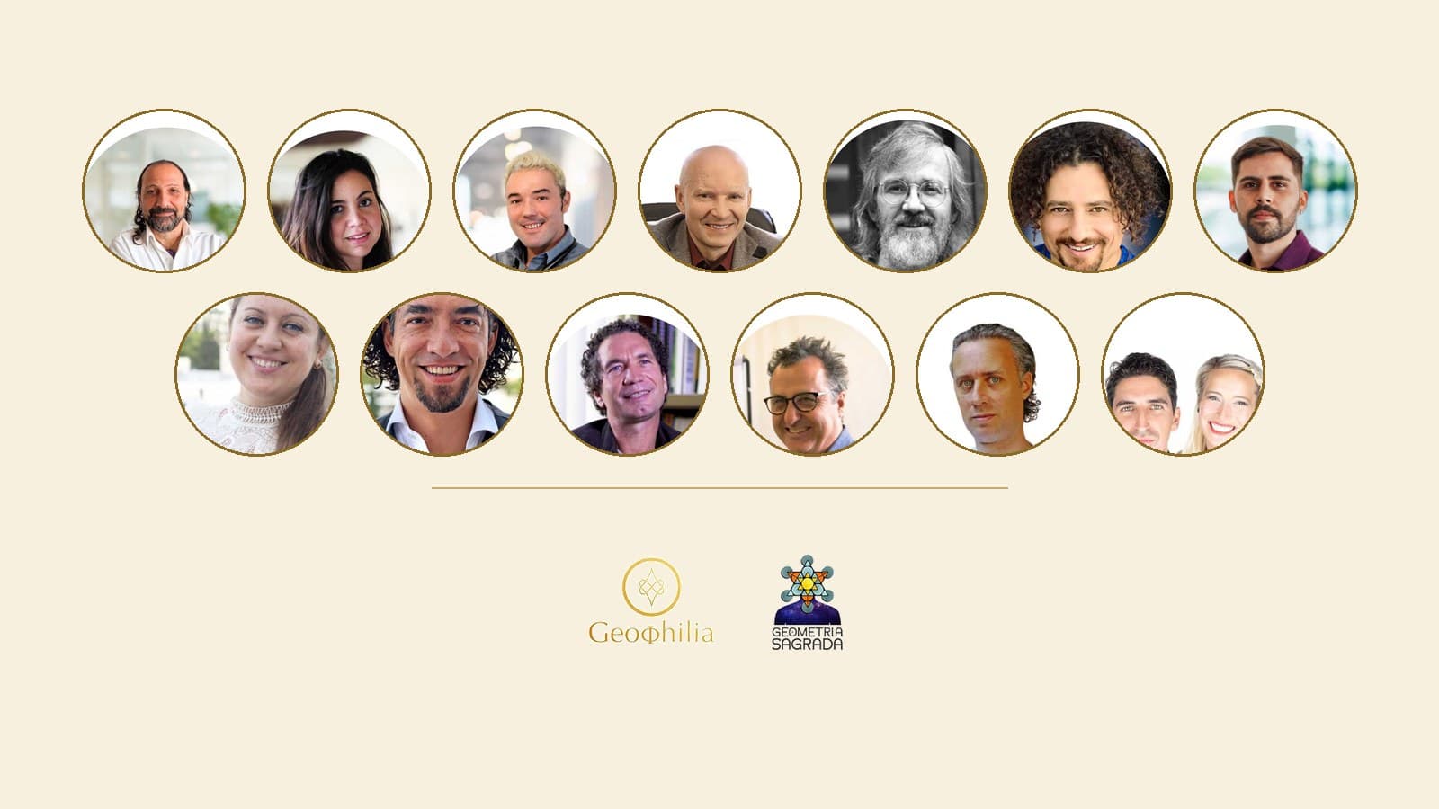 Mural de palestrantes do congresso, entre eles Lydia de Leon, Arturo Ponce de Leon, Nassim Haramein, Dan Winter e Tiago Braga, com as logos da Geophilia e da Geometria Sagrada